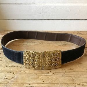 Vintage Gold Brass Filigree Buckle Black Velvet Belt Adjustable Changeable